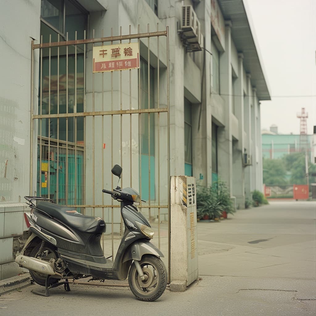 A scooter parked at a factory gate in China, 2006