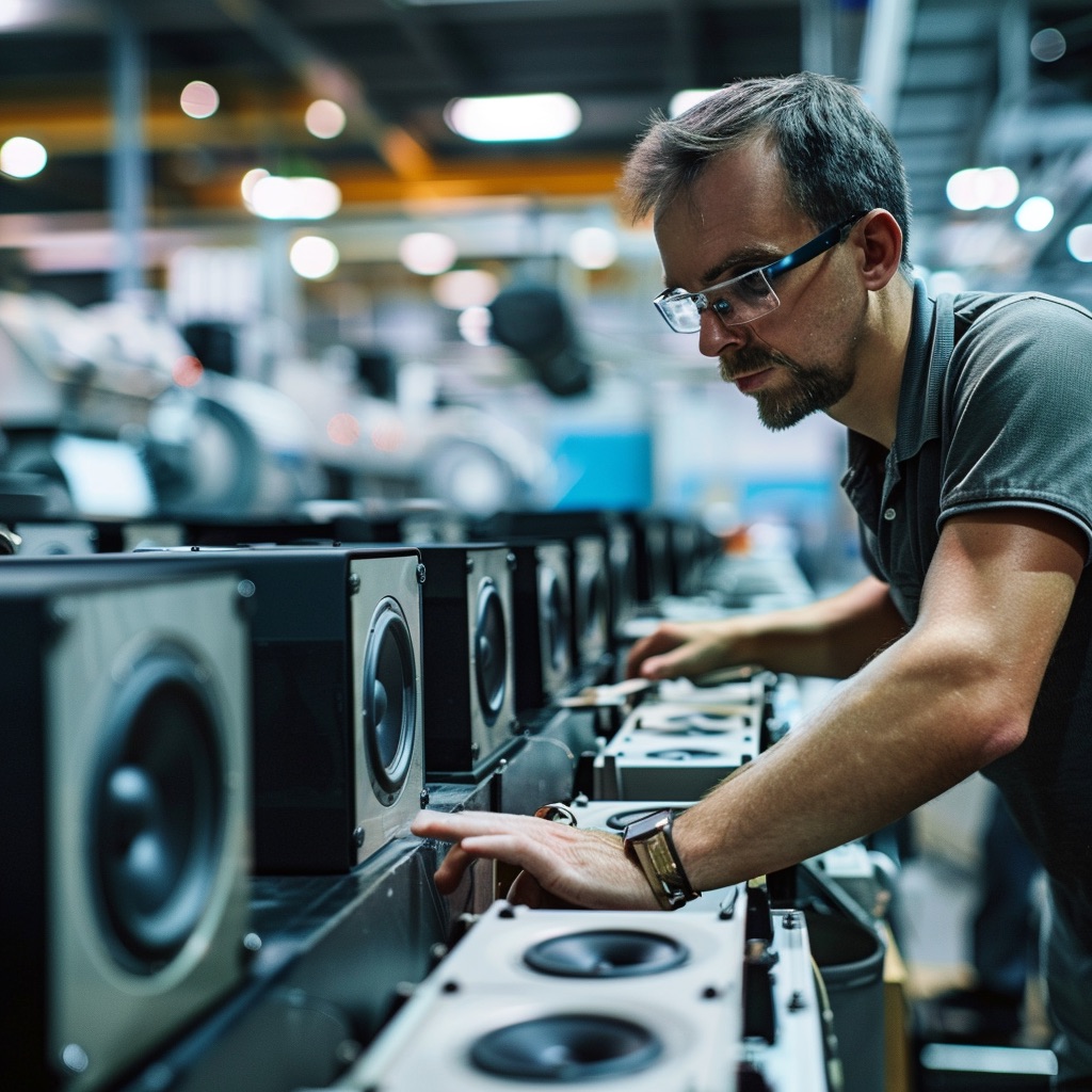 a customer is examining products in a production line